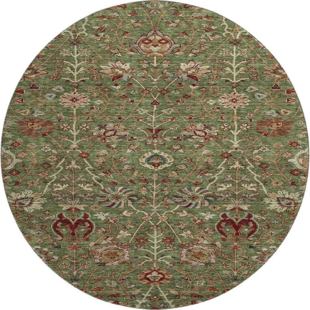 HomeRoots 8' Fern Green Red Ivory Floral Round Rug - Washable, UV-Protected, Stain-Resistant for Busy Homes 683971