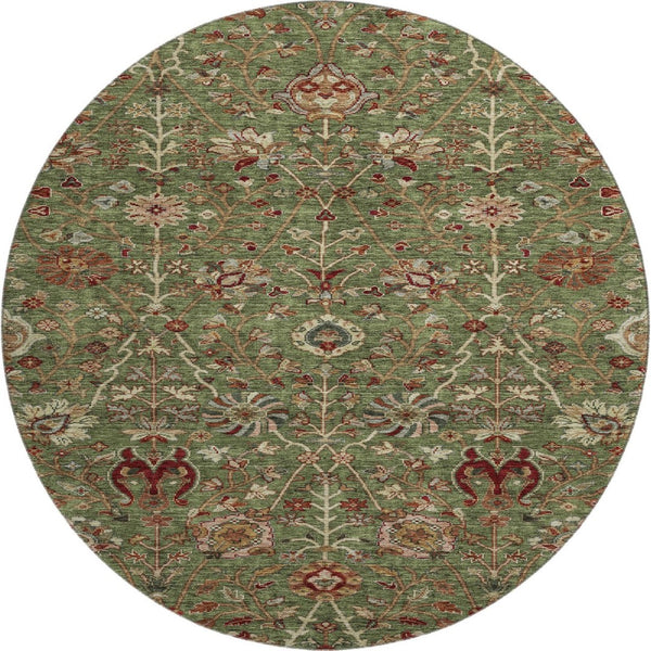 HomeRoots 8' Fern Green Red Ivory Floral Round Rug - Washable, UV-Protected, Stain-Resistant for Busy Homes 683971