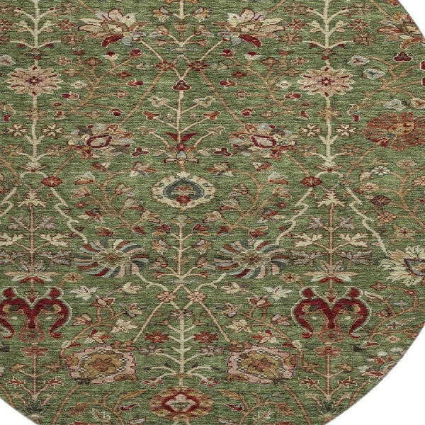 HomeRoots 8' Fern Green Red Ivory Floral Round Rug - Washable, UV-Protected, Stain-Resistant for Busy Homes 683971