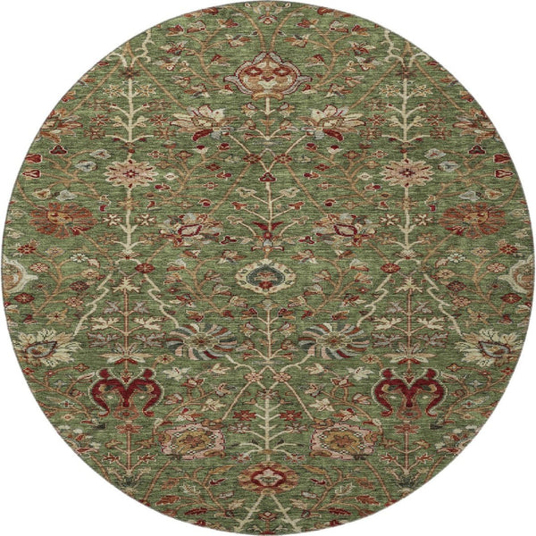 HomeRoots 8' Fern Green Red Ivory Floral Round Rug - Washable, UV-Protected, Stain-Resistant for Busy Homes 683971