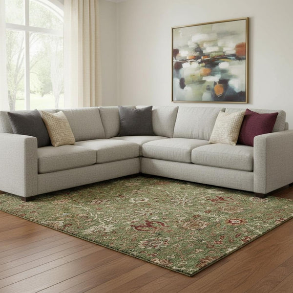 HomeRoots 10' X 14' Floral Area Rug in Fern Green, Red & Ivory - Durable, UV-Protected, Easy-Care Design! 683974