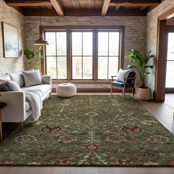 HomeRoots 10' X 14' Floral Area Rug in Fern Green, Red & Ivory - Durable, UV-Protected, Easy-Care Design! 683974