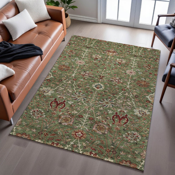 HomeRoots 10' X 14' Floral Area Rug in Fern Green, Red & Ivory - Durable, UV-Protected, Easy-Care Design! 683974
