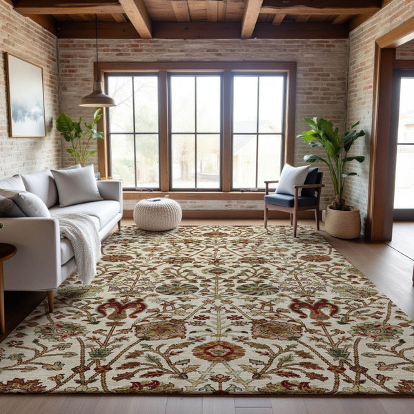 HomeRoots 5' X 8' Ivory Red and Blue Floral Area Rug - Washable, UV-Protected, Stylish for Any Space! 683976