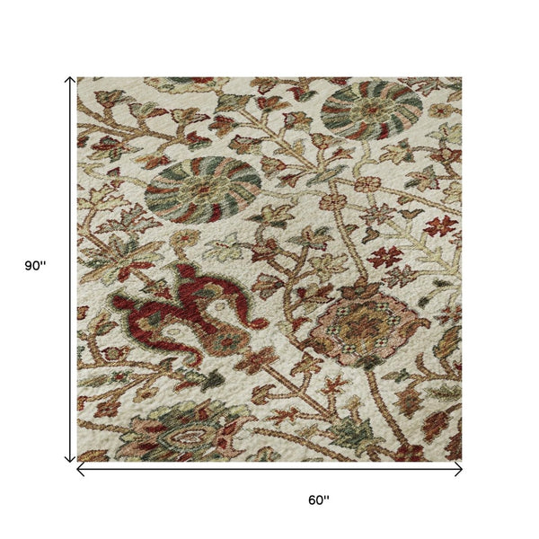 HomeRoots 5' X 8' Ivory Red and Blue Floral Area Rug - Washable, UV-Protected, Stylish for Any Space! 683976