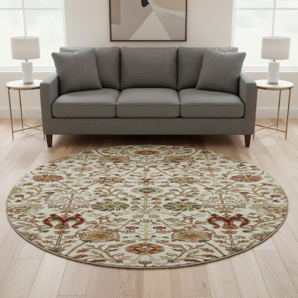 HomeRoots 8' Ivory Floral Round Rug with Red and Blue Accents, UV Protection, Stain-Resistant, Washable Charm 683977
