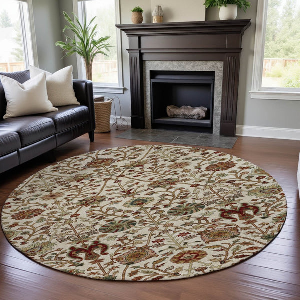 HomeRoots 8' Ivory Floral Round Rug with Red and Blue Accents, UV Protection, Stain-Resistant, Washable Charm 683977