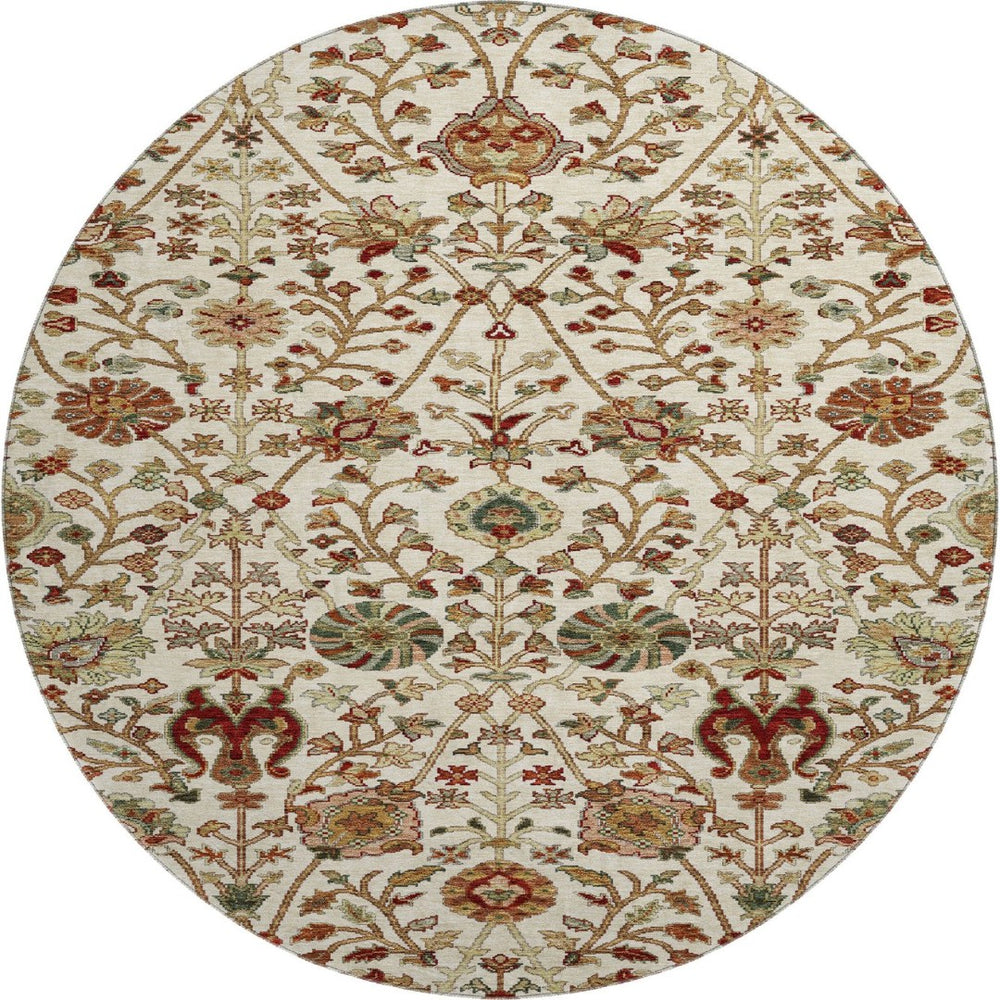 HomeRoots 8' Ivory Floral Round Rug with Red and Blue Accents, UV Protection, Stain-Resistant, Washable Charm 683977