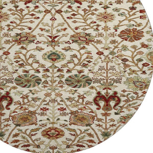 HomeRoots 8' Ivory Floral Round Rug with Red and Blue Accents, UV Protection, Stain-Resistant, Washable Charm 683977