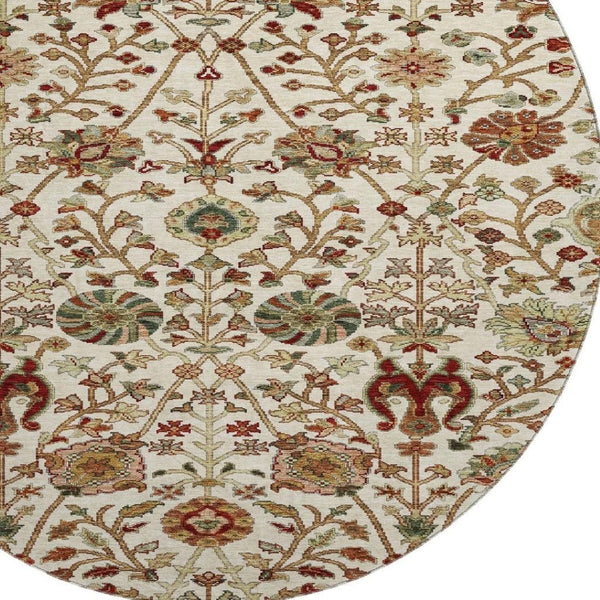 HomeRoots 8' Ivory Floral Round Rug with Red and Blue Accents, UV Protection, Stain-Resistant, Washable Charm 683977