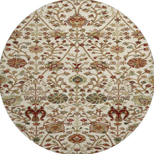HomeRoots 8' Ivory Floral Round Rug with Red and Blue Accents, UV Protection, Stain-Resistant, Washable Charm 683977