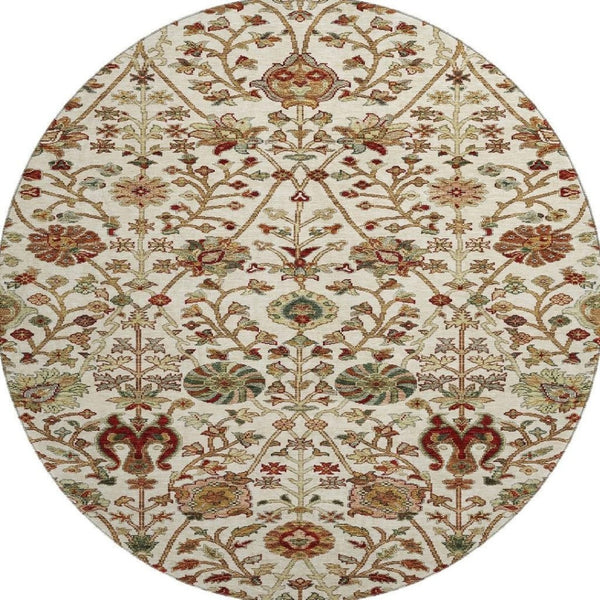 HomeRoots 8' Ivory Floral Round Rug with Red and Blue Accents, UV Protection, Stain-Resistant, Washable Charm 683977