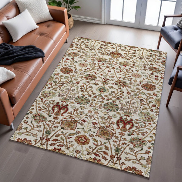 HomeRoots 10' X 14' Ivory Floral Area Rug - Red & Blue Design, Washable, UV Protection, Stain Resistant Decor 683980