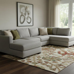 HomeRoots 10' X 14' Ivory Floral Area Rug - Red & Blue Design, Washable, UV Protection, Stain Resistant Decor 683980