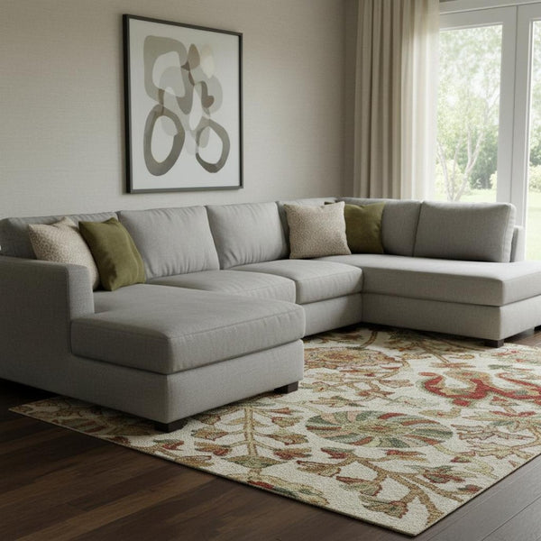 HomeRoots 10' X 14' Ivory Floral Area Rug - Red & Blue Design, Washable, UV Protection, Stain Resistant Decor 683980
