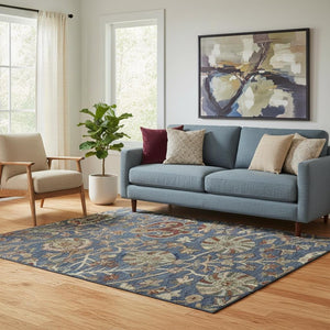 HomeRoots 5' X 8' Navy Floral Area Rug - Washable, UV-Protected, Stain-Resistant for Busy Homes & Pets! 683982