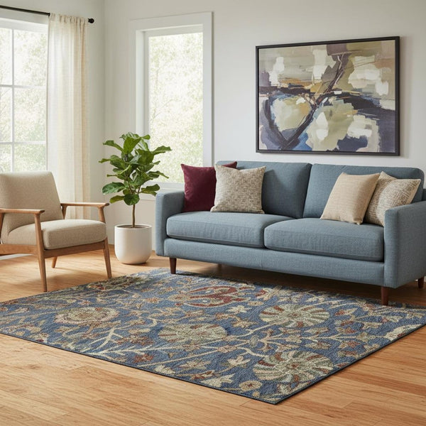 HomeRoots 5' X 8' Navy Floral Area Rug - Washable, UV-Protected, Stain-Resistant for Busy Homes & Pets! 683982