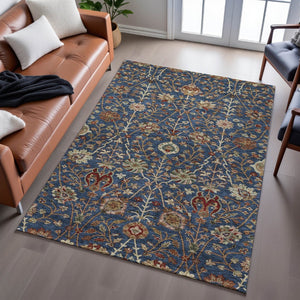 HomeRoots 5' X 8' Navy Floral Area Rug - Washable, UV-Protected, Stain-Resistant for Busy Homes & Pets! 683982