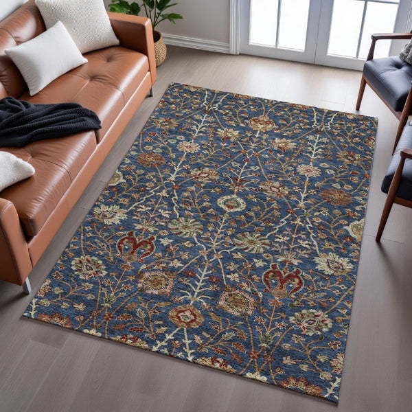 HomeRoots 5' X 8' Navy Floral Area Rug - Washable, UV-Protected, Stain-Resistant for Busy Homes & Pets! 683982