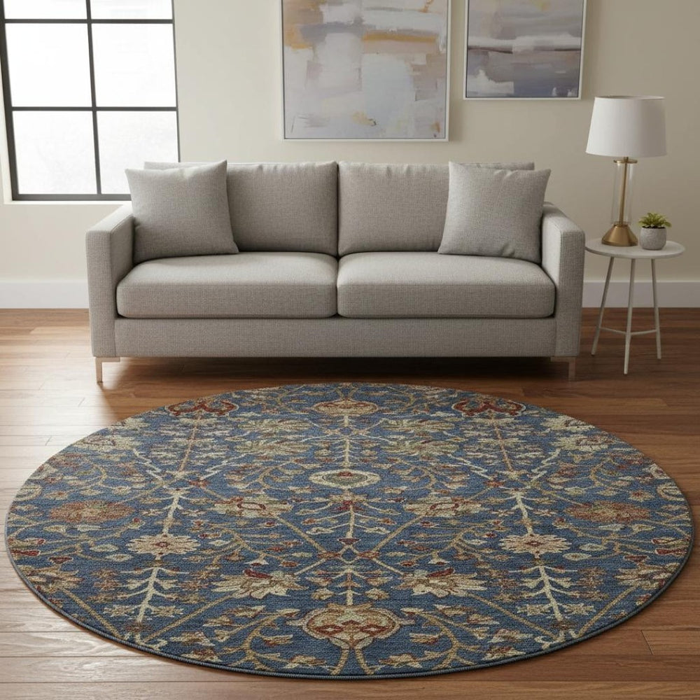 HomeRoots 8' Navy Blue Floral Round Rug - Washable, UV-Protected, Stain-Resistant, Perfect for Family Spaces! 683983