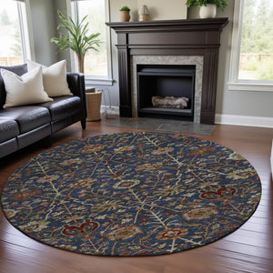 HomeRoots 8' Navy Blue Floral Round Rug - Washable, UV-Protected, Stain-Resistant, Perfect for Family Spaces! 683983