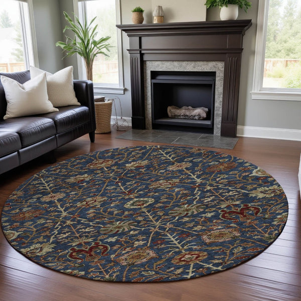 HomeRoots 8' Navy Blue Floral Round Rug - Washable, UV-Protected, Stain-Resistant, Perfect for Family Spaces! 683983
