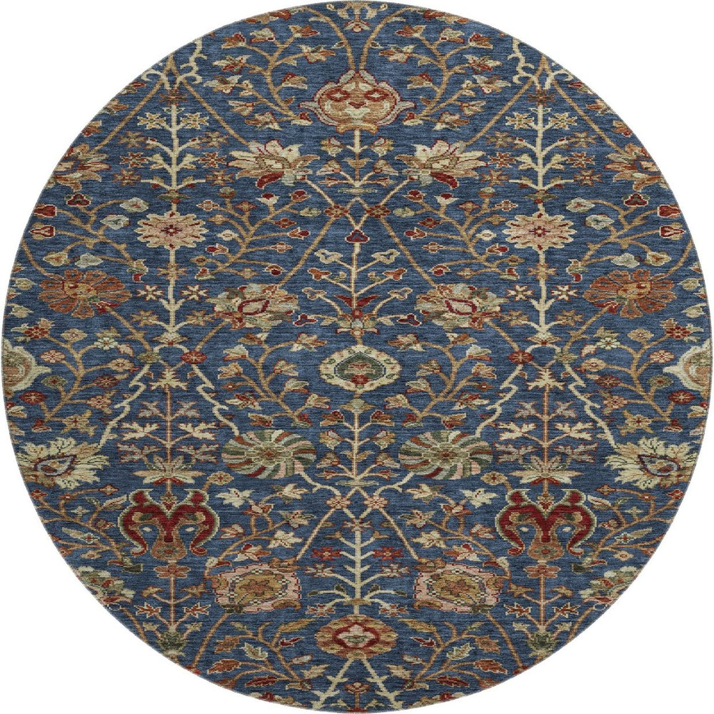 HomeRoots 8' Navy Blue Floral Round Rug - Washable, UV-Protected, Stain-Resistant, Perfect for Family Spaces! 683983