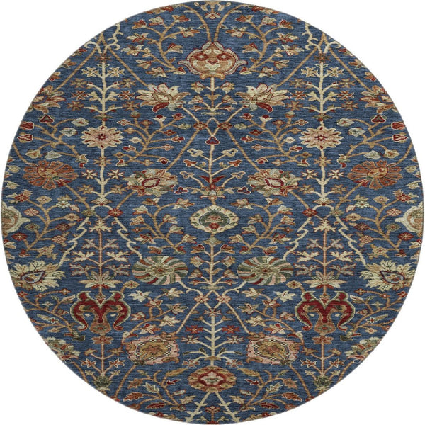 HomeRoots 8' Navy Blue Floral Round Rug - Washable, UV-Protected, Stain-Resistant, Perfect for Family Spaces! 683983