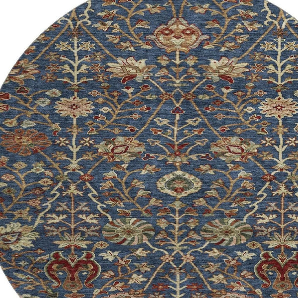 HomeRoots 8' Navy Blue Floral Round Rug - Washable, UV-Protected, Stain-Resistant, Perfect for Family Spaces! 683983