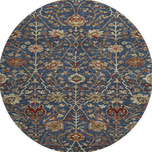 HomeRoots 8' Navy Blue Floral Round Rug - Washable, UV-Protected, Stain-Resistant, Perfect for Family Spaces! 683983