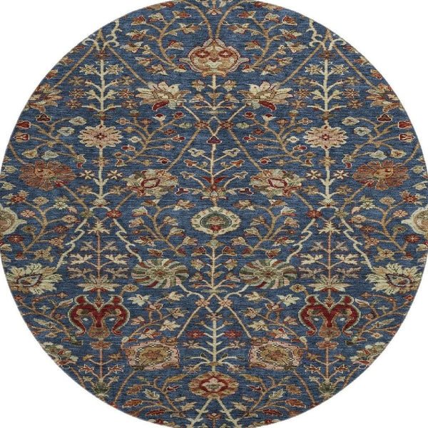 HomeRoots 8' Navy Blue Floral Round Rug - Washable, UV-Protected, Stain-Resistant, Perfect for Family Spaces! 683983