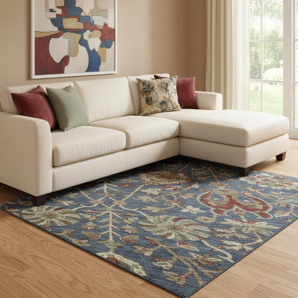 HomeRoots 8' X 10' Washable Floral Area Rug with UV Protection – Navy Blue, Red & Green, Durable & Stylish! 683984