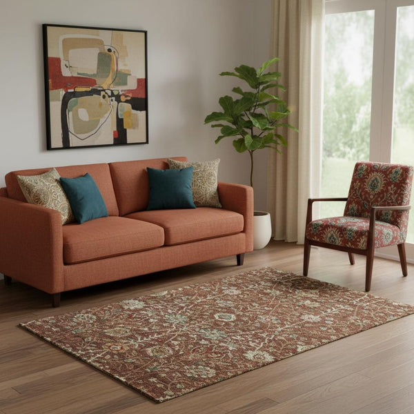 HomeRoots 5' X 8' Stylish Rust Red and Beige Floral Area Rug - Washable, UV Protected, Perfect for Homes! 683988
