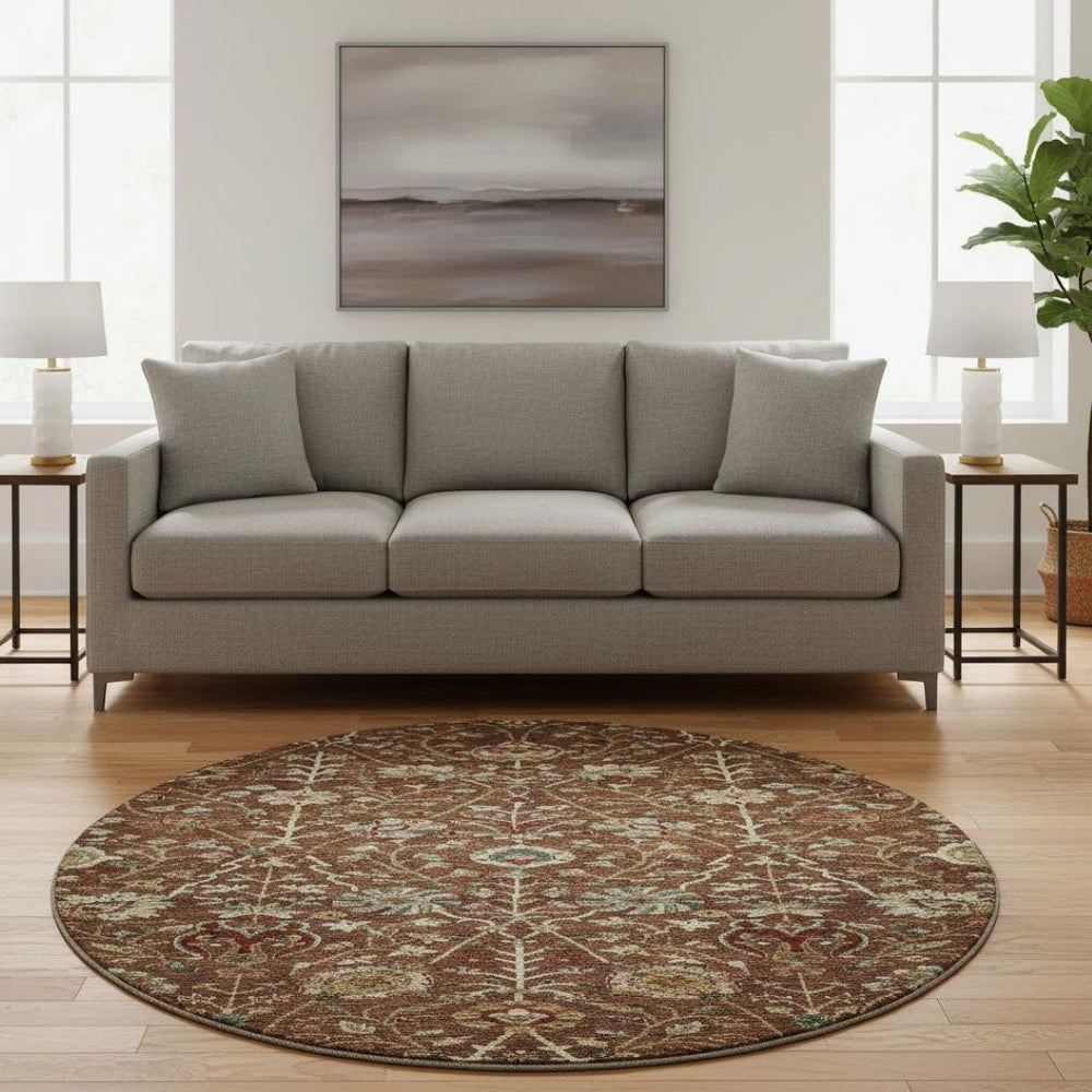 HomeRoots 8' Washable Round Rug in Rust Red & Beige Floral - UV Protected, Stain-Resistant for Busy Homes 683989