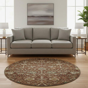 HomeRoots 8' Washable Round Rug in Rust Red & Beige Floral - UV Protected, Stain-Resistant for Busy Homes 683989