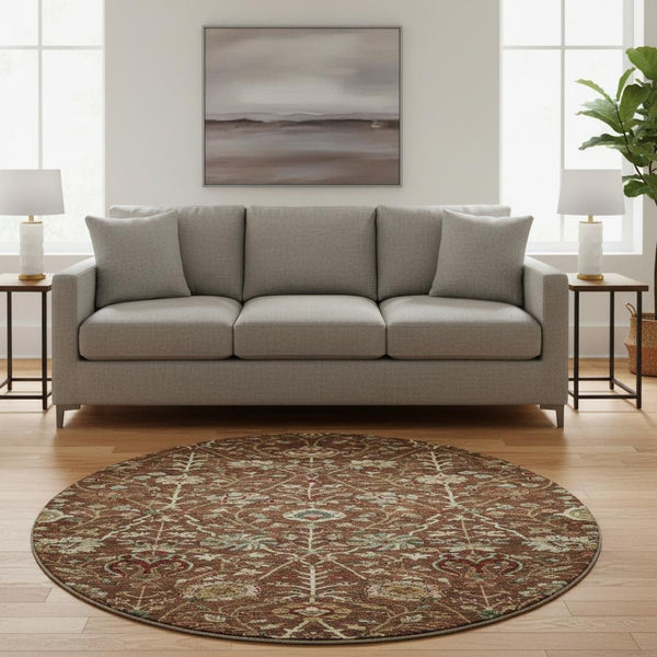 HomeRoots 8' Washable Round Rug in Rust Red & Beige Floral - UV Protected, Stain-Resistant for Busy Homes 683989