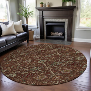 HomeRoots 8' Washable Round Rug in Rust Red & Beige Floral - UV Protected, Stain-Resistant for Busy Homes 683989