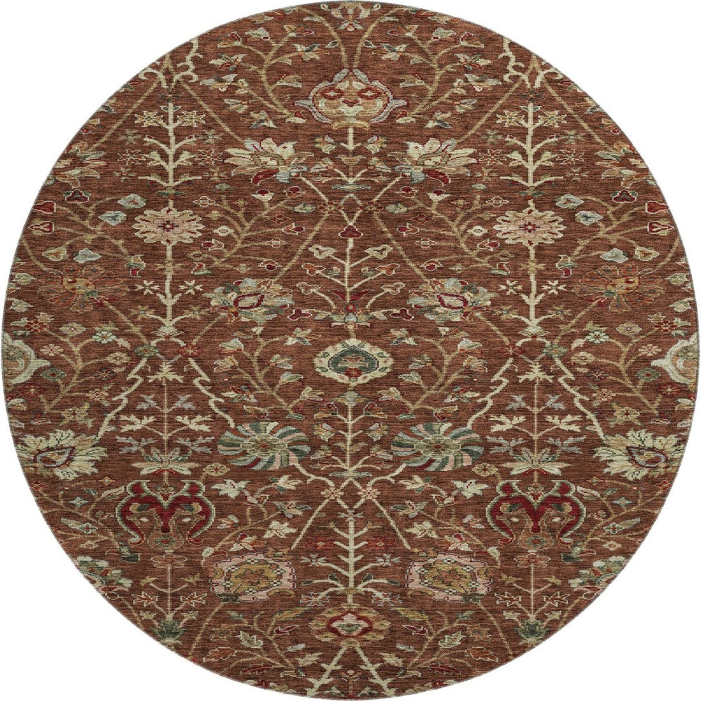 HomeRoots 8' Washable Round Rug in Rust Red & Beige Floral - UV Protected, Stain-Resistant for Busy Homes 683989
