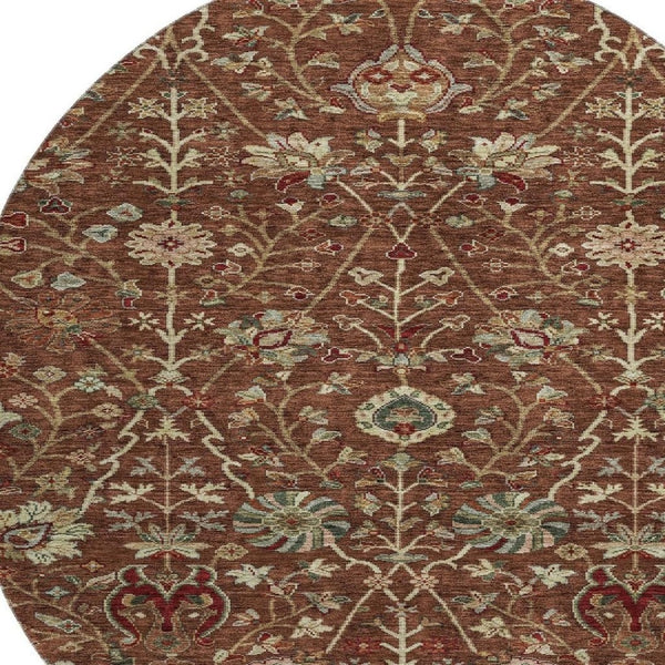 HomeRoots 8' Washable Round Rug in Rust Red & Beige Floral - UV Protected, Stain-Resistant for Busy Homes 683989