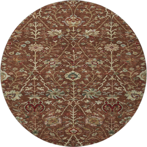 HomeRoots 8' Washable Round Rug in Rust Red & Beige Floral - UV Protected, Stain-Resistant for Busy Homes 683989