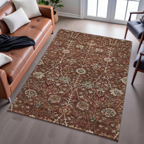 HomeRoots 8' X 10' Floral Washable Area Rug in Rust Red & Beige – Stain-Resistant, UV Protected, Non-Slip! 683990