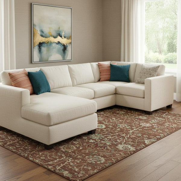 HomeRoots 10' X 14' Rust Red & Beige Floral Area Rug - Washable, Stain-Resistant, UV Protected for Longevity 683992