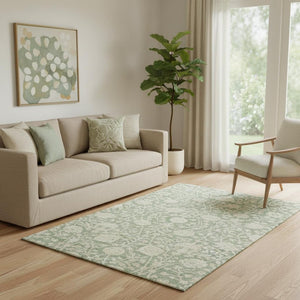 HomeRoots 5' X 8' Artichoke Green & Beige Floral Area Rug - Washable, UV-Protected & Stain-Resistant Design 683994