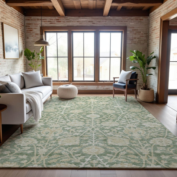 HomeRoots 5' X 8' Artichoke Green & Beige Floral Area Rug - Washable, UV-Protected & Stain-Resistant Design 683994