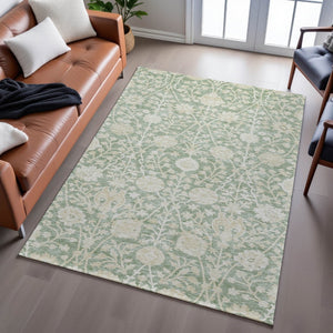 HomeRoots 5' X 8' Artichoke Green & Beige Floral Area Rug - Washable, UV-Protected & Stain-Resistant Design 683994