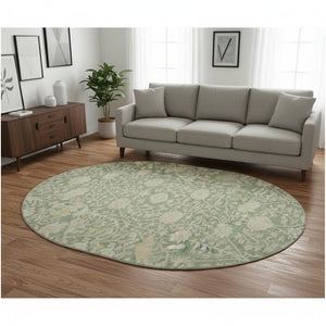 HomeRoots 8' Artichoke Green & Beige Floral Washable Round Rug - UV Protected, Durable, Easy-Care Design 683995