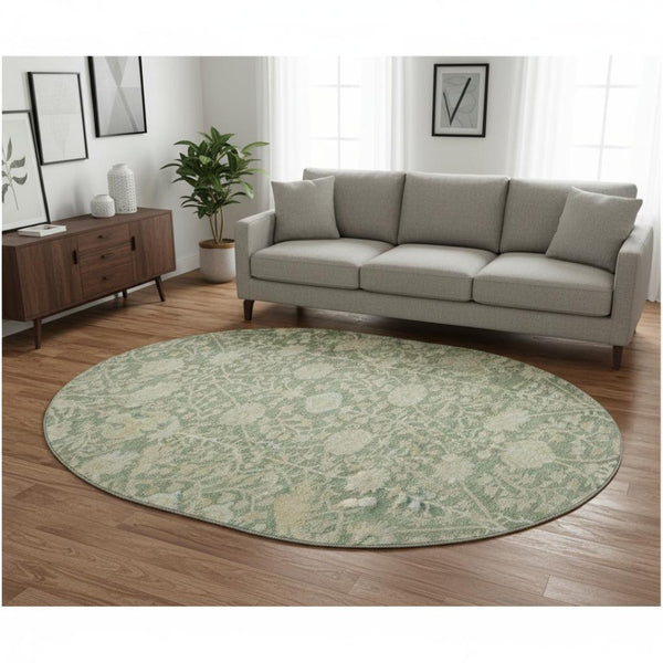 HomeRoots 8' Artichoke Green & Beige Floral Washable Round Rug - UV Protected, Durable, Easy-Care Design 683995