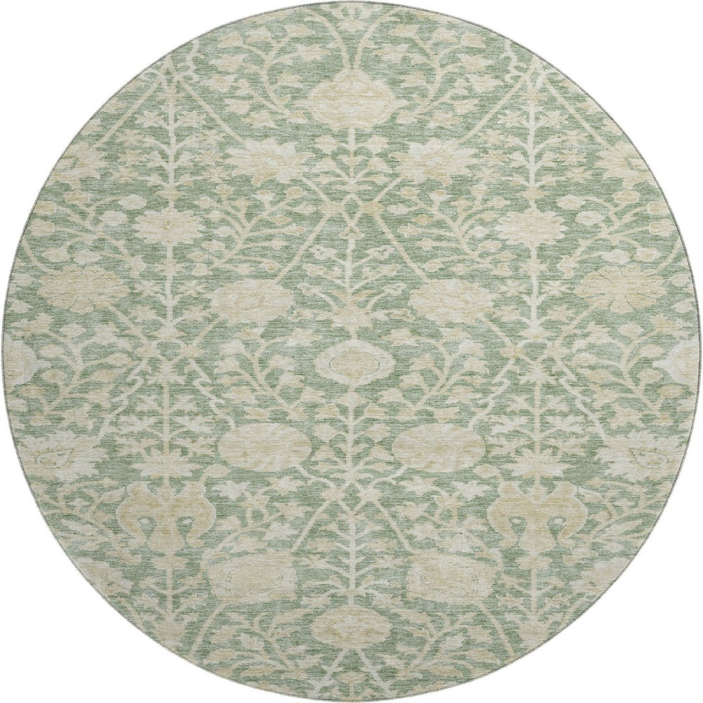 HomeRoots 8' Artichoke Green & Beige Floral Washable Round Rug - UV Protected, Durable, Easy-Care Design 683995