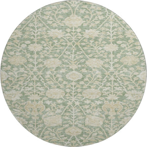 HomeRoots 8' Artichoke Green & Beige Floral Washable Round Rug - UV Protected, Durable, Easy-Care Design 683995
