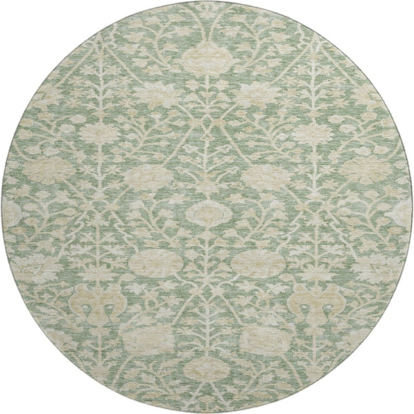 HomeRoots 8' Artichoke Green & Beige Floral Washable Round Rug - UV Protected, Durable, Easy-Care Design 683995